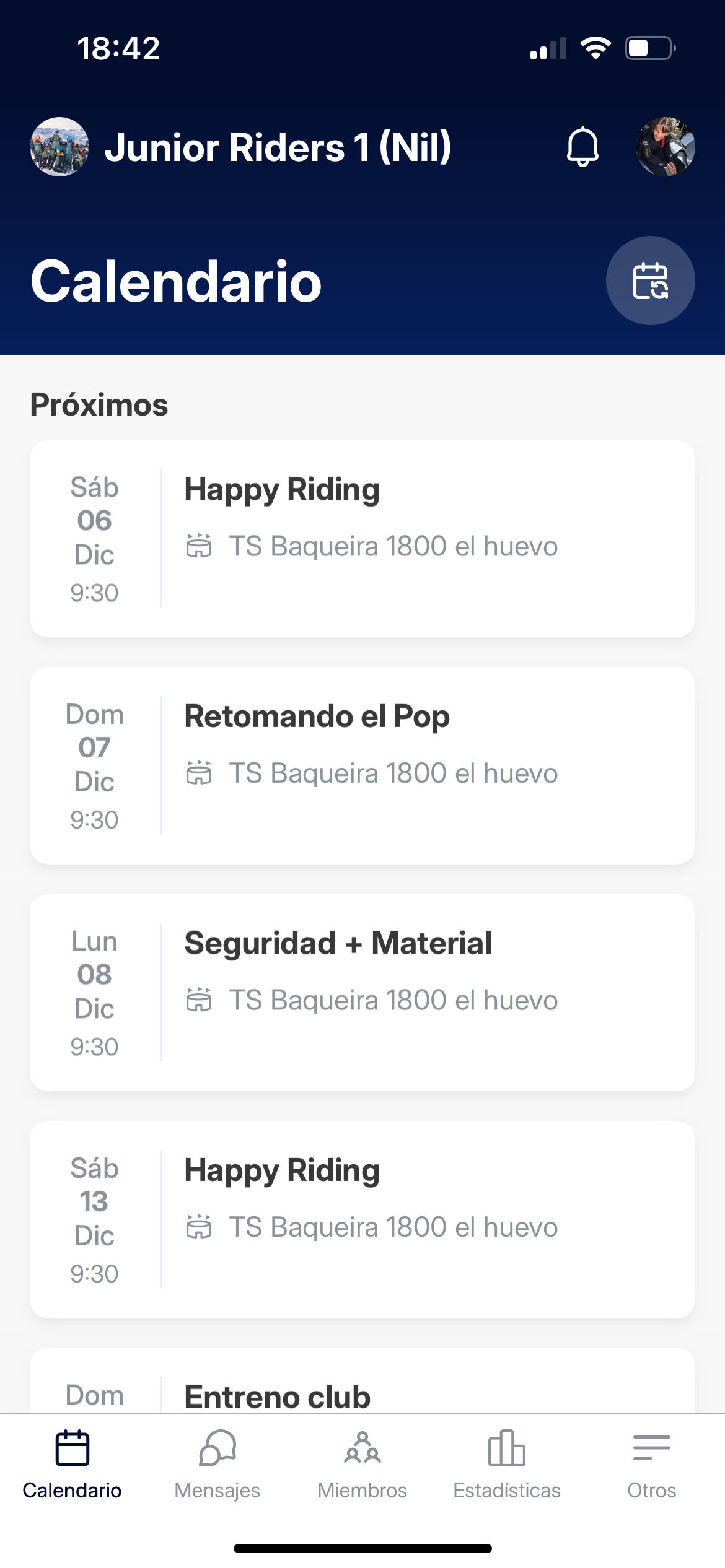 Calendario del club en la app SportEasy