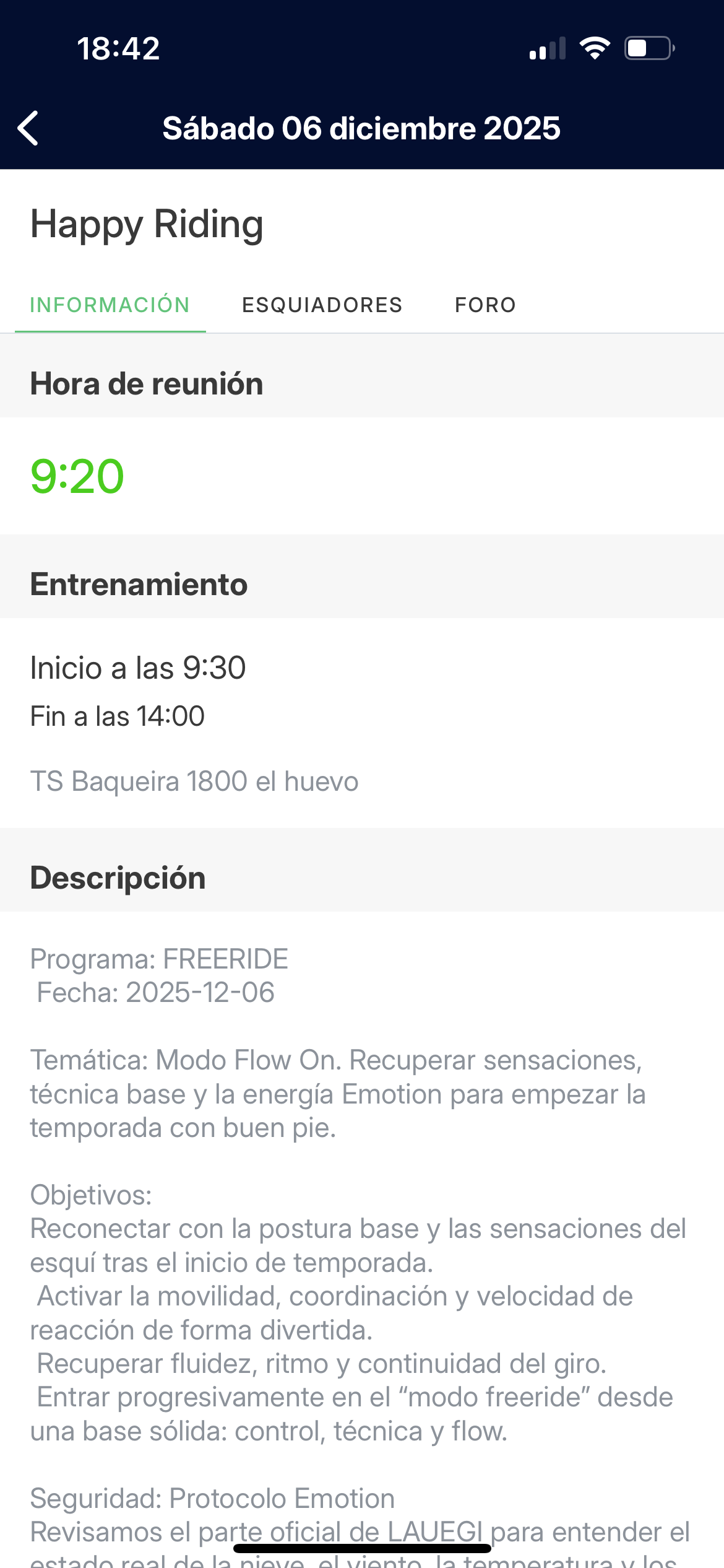 Detalle de un entrenamiento en la app SportEasy