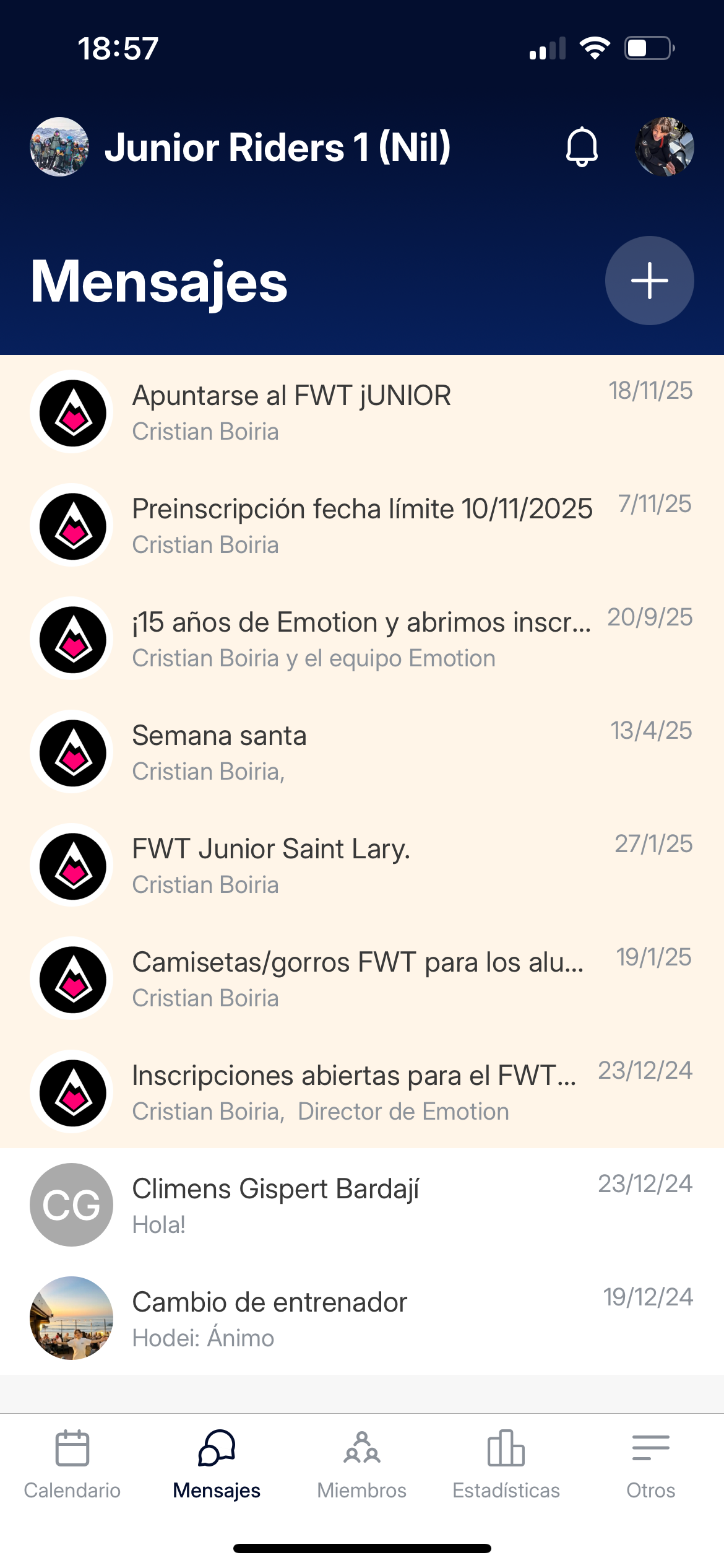 Mensajes del club en la app SportEasy