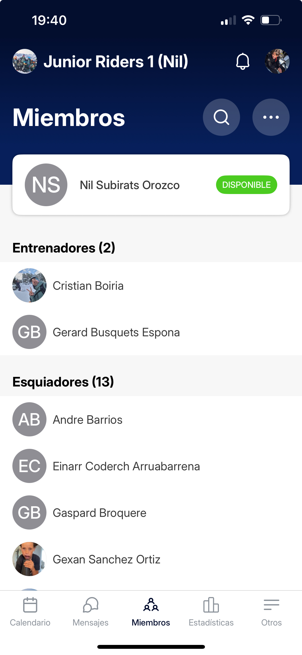 Miembros del grupo en la app SportEasy