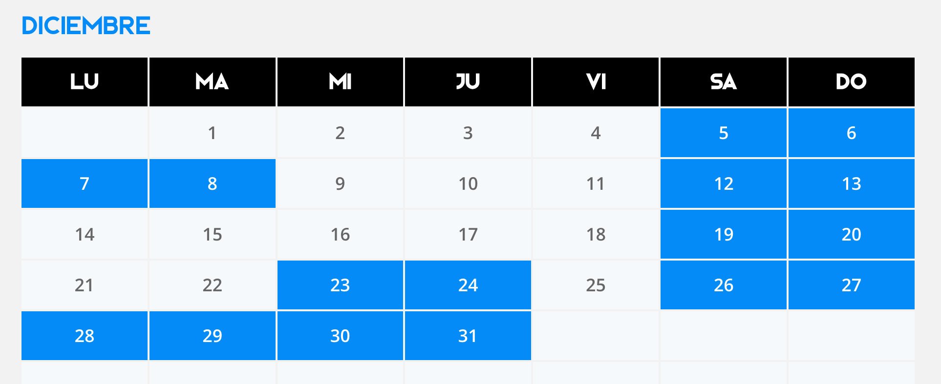 Calendario de entrenamientos de diciembre