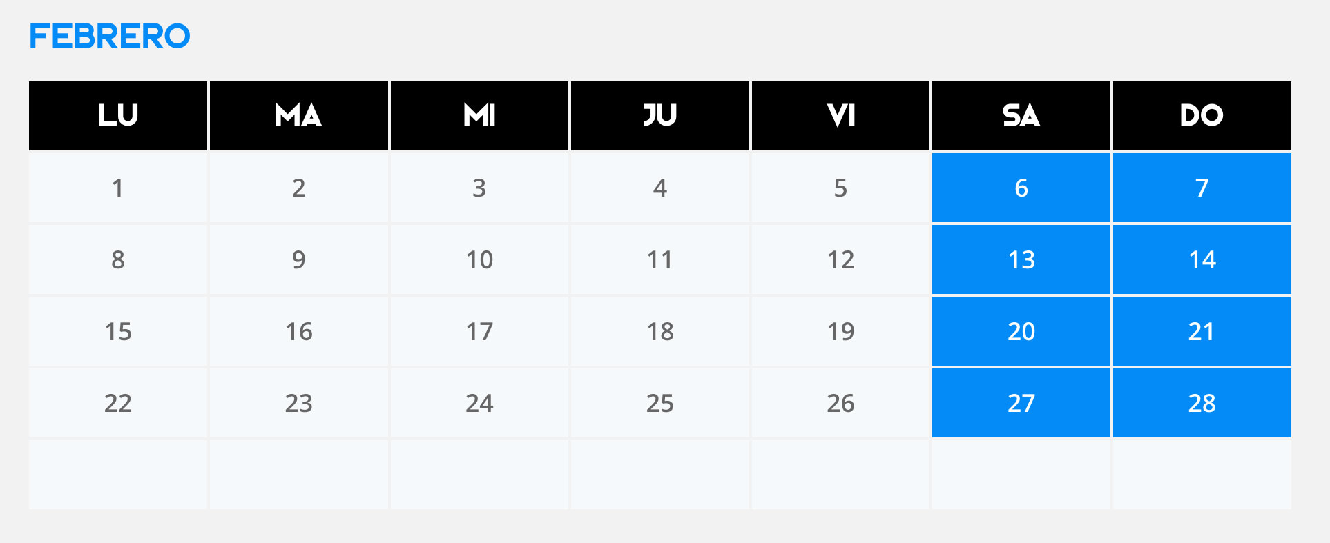 Calendario de entrenamientos de febrero