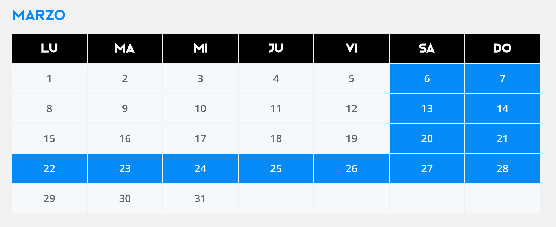 Calendario de entrenamientos de marzo