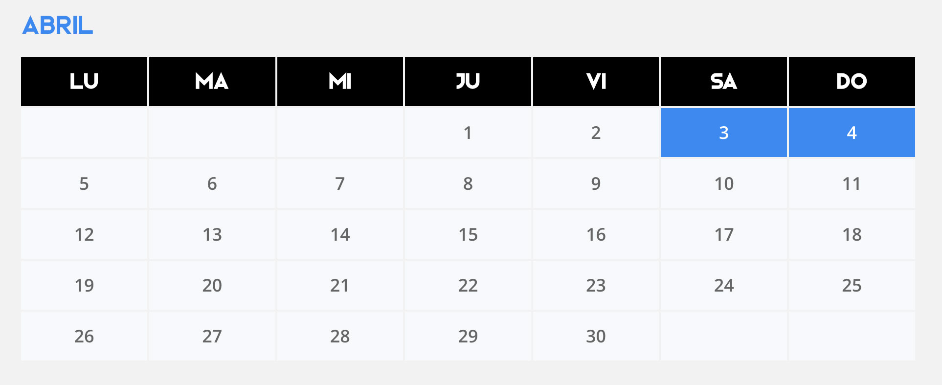 Calendario de entrenamientos de abril