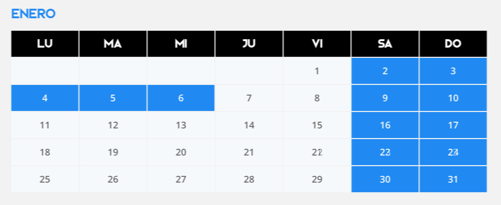 Calendario de entrenamientos de enero